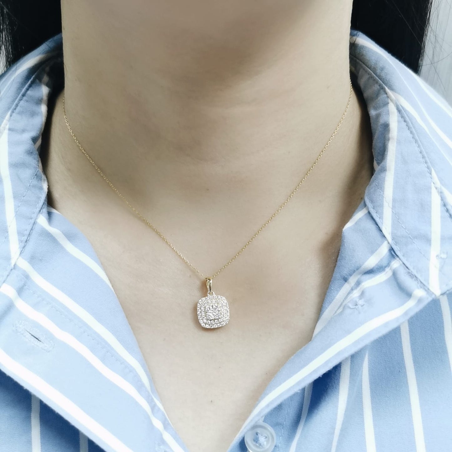 18K gold cushion-shaped diamond pendant with double halo design, 0.53 carats total, chain not included.