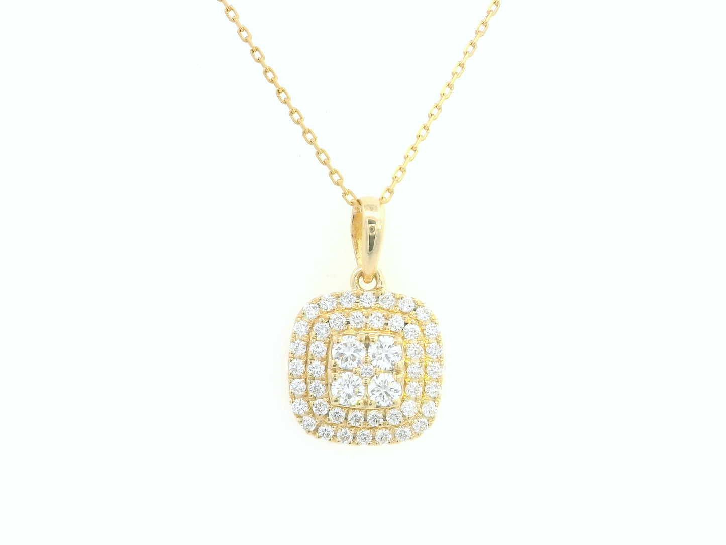 18K gold cushion-shaped diamond pendant with double halo design, 0.53 carats total, chain not included.