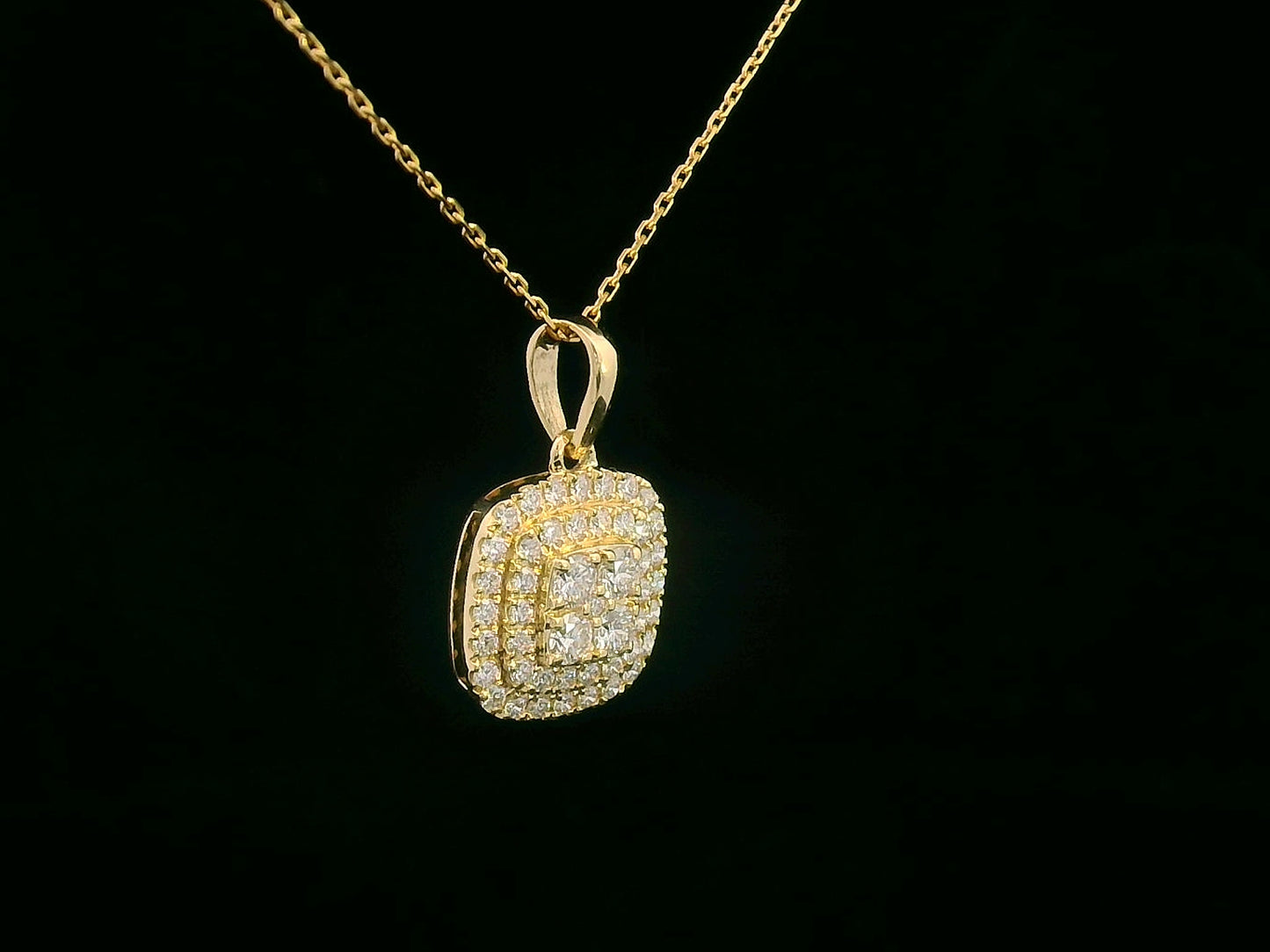18K gold cushion-shaped diamond pendant with double halo design, 0.53 carats total, chain not included.