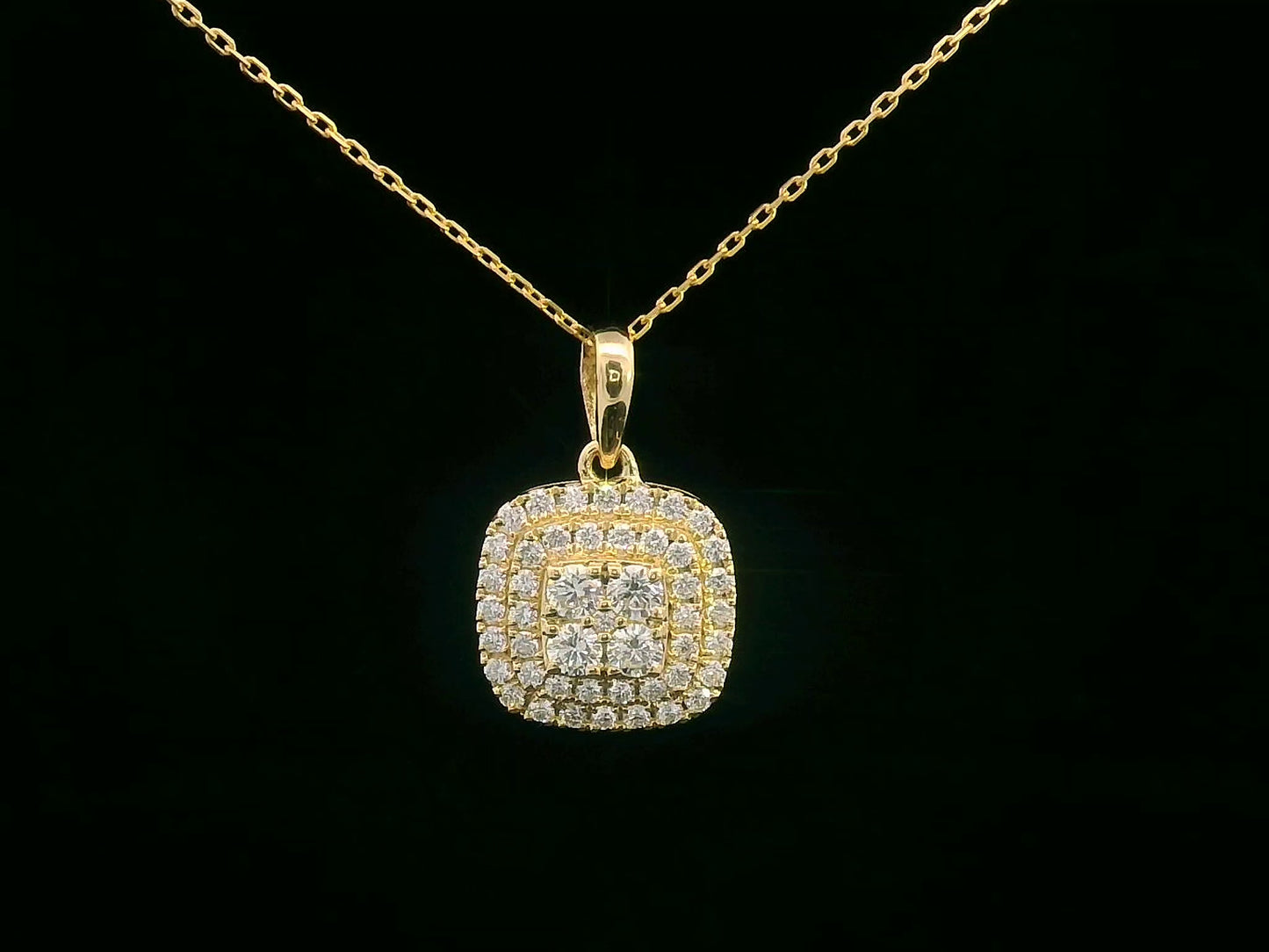 18K gold cushion-shaped diamond pendant with double halo design, 0.53 carats total, chain not included.