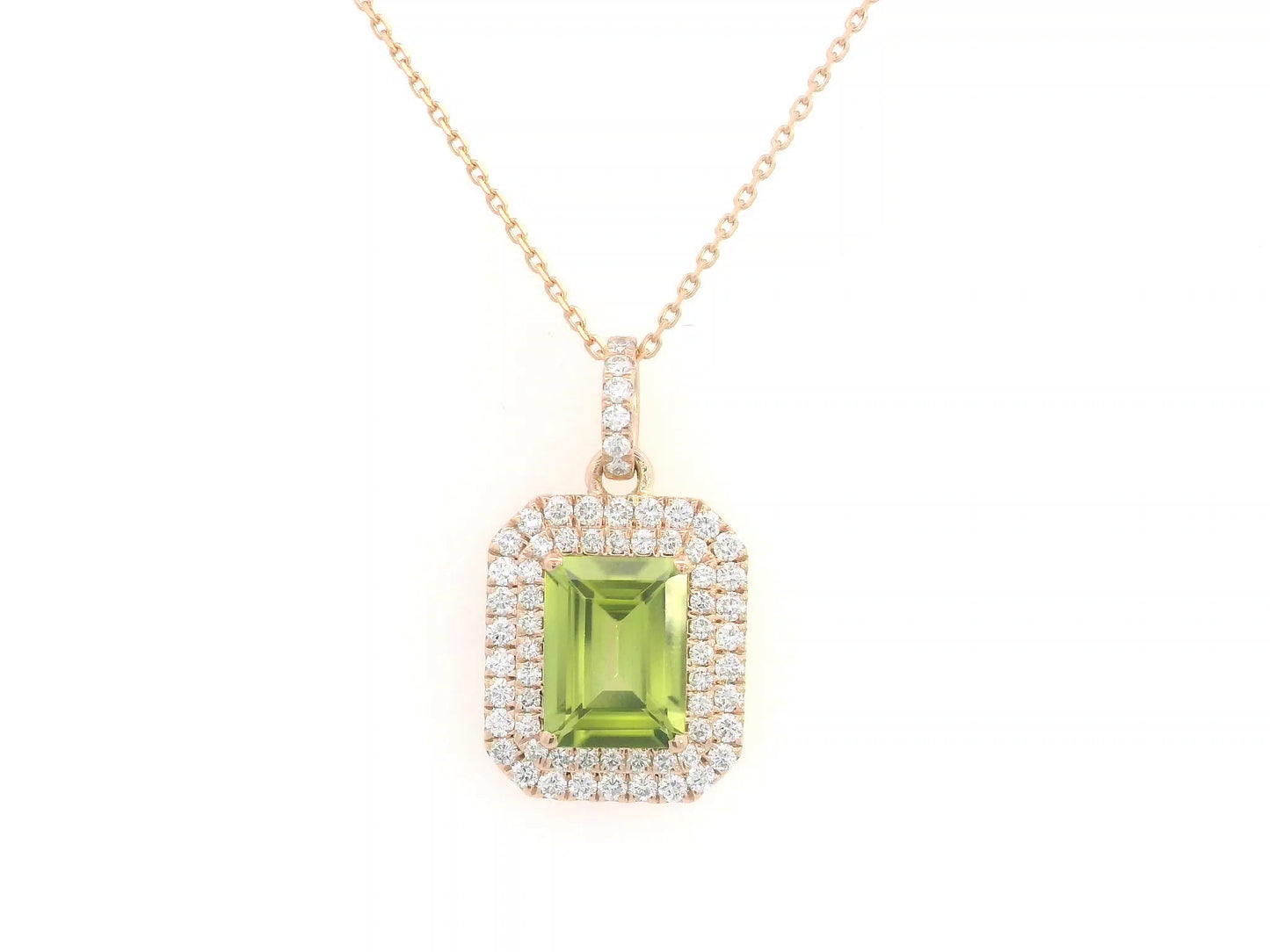18K rose gold pendant with emerald-cut Peridot and diamond halo, 1.52ct Peridot and 0.40ct diamonds, chain not included.