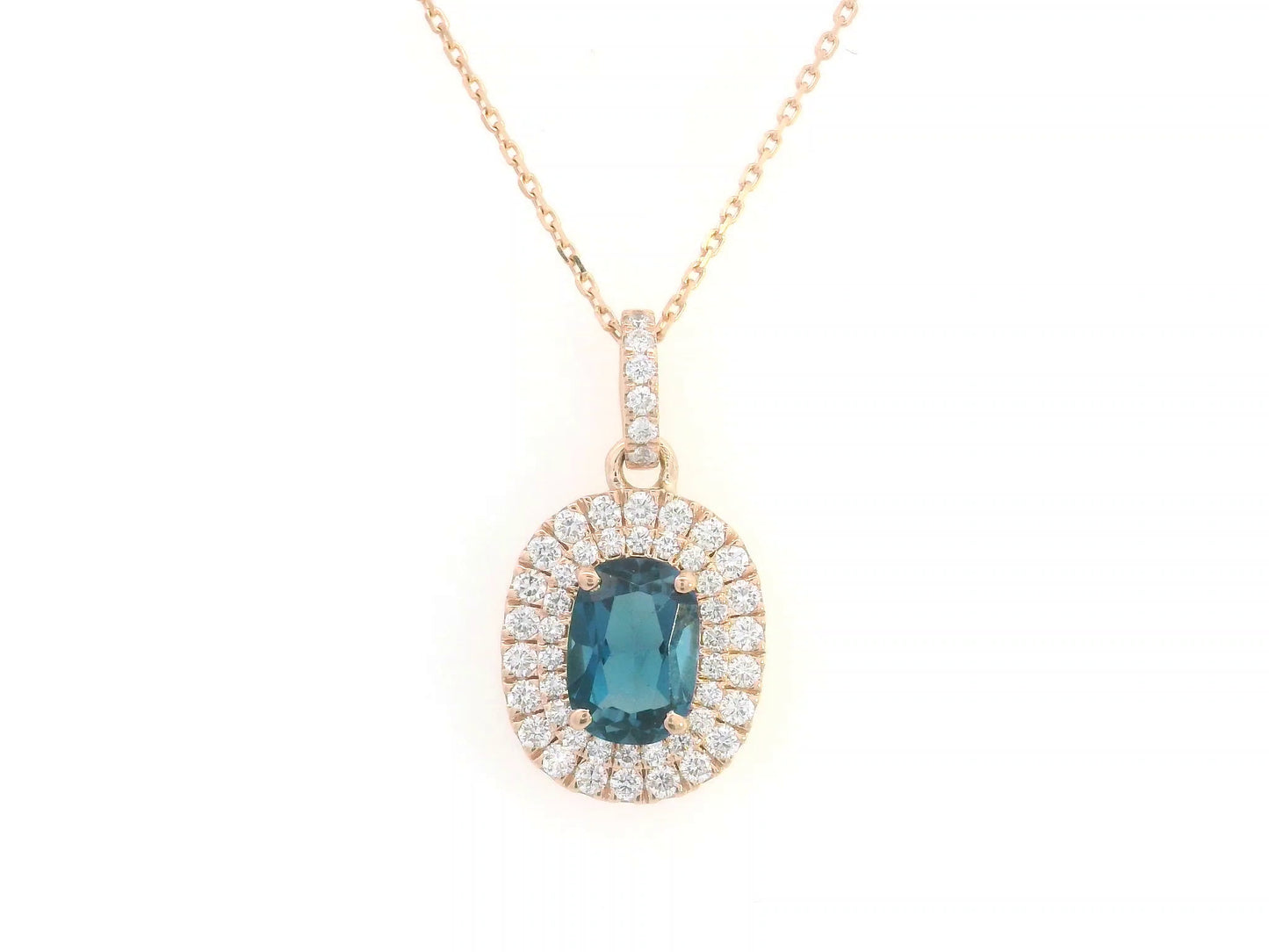 18K rose gold pendant with oval London Blue Topaz and diamond halo, 1.07ct Topaz and 0.35ct diamonds, chain not included.