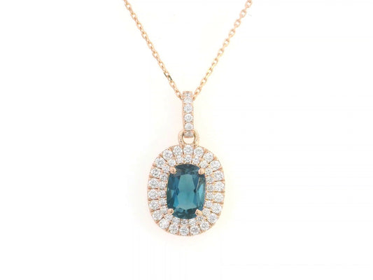 18K rose gold pendant with oval London Blue Topaz and diamond halo, 1.07ct Topaz and 0.35ct diamonds, chain not included.