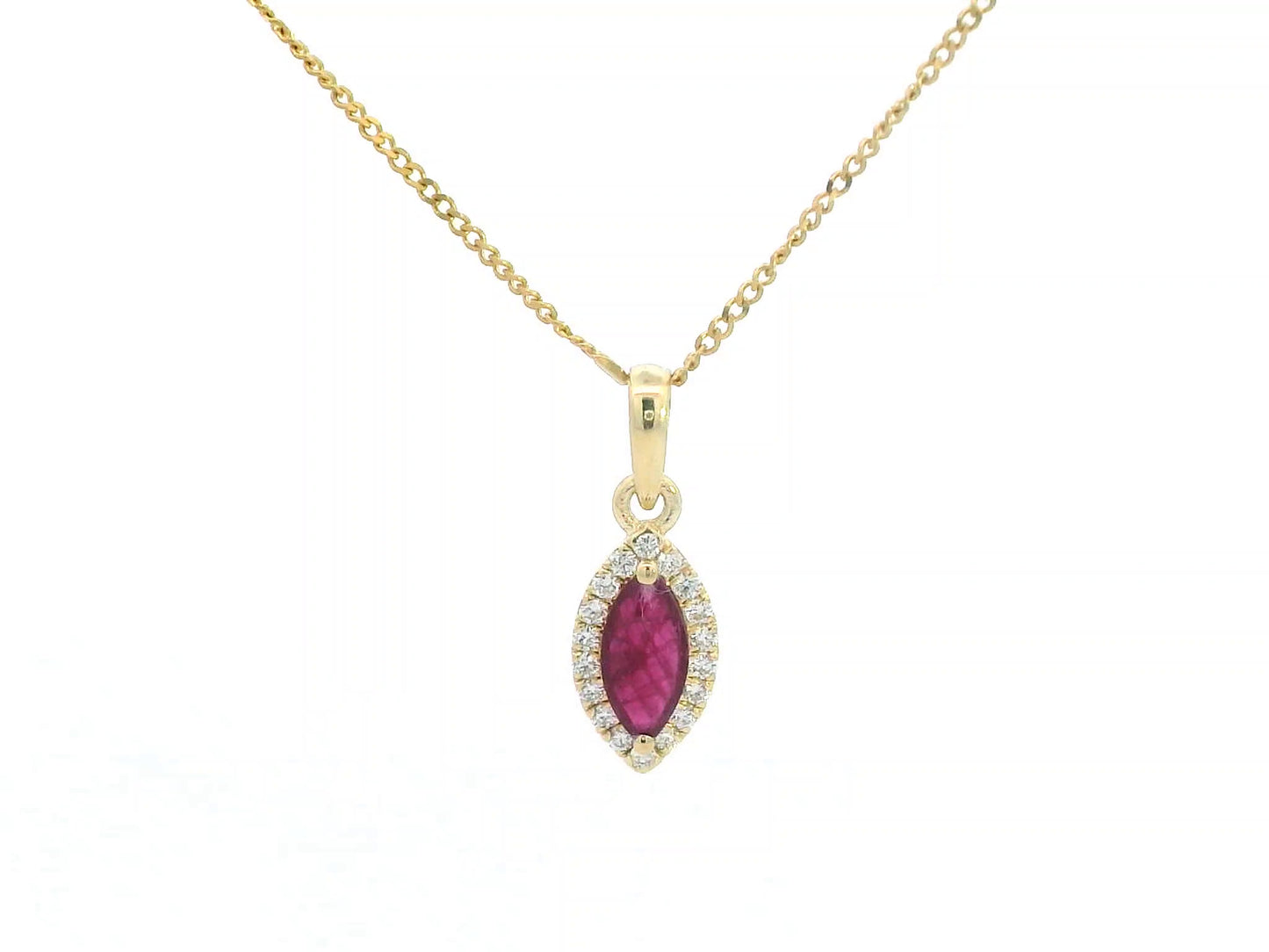 18K Gold Pendant with Marquise-Cut Ruby and Diamond Halo – 0.61ct Ruby and 0.14ct Diamond