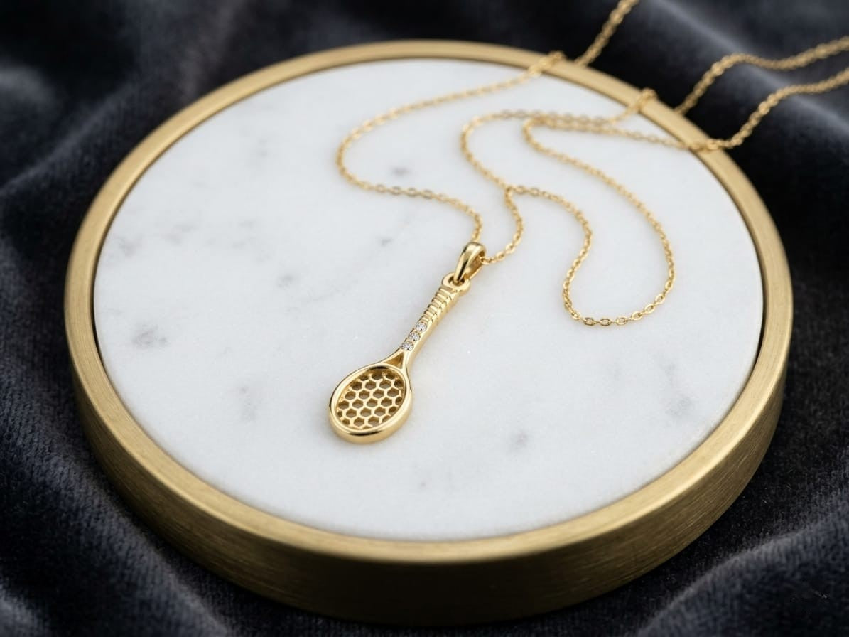 18K yellow gold tennis racket pendant necklace with diamond accents by Emirates Diamonds