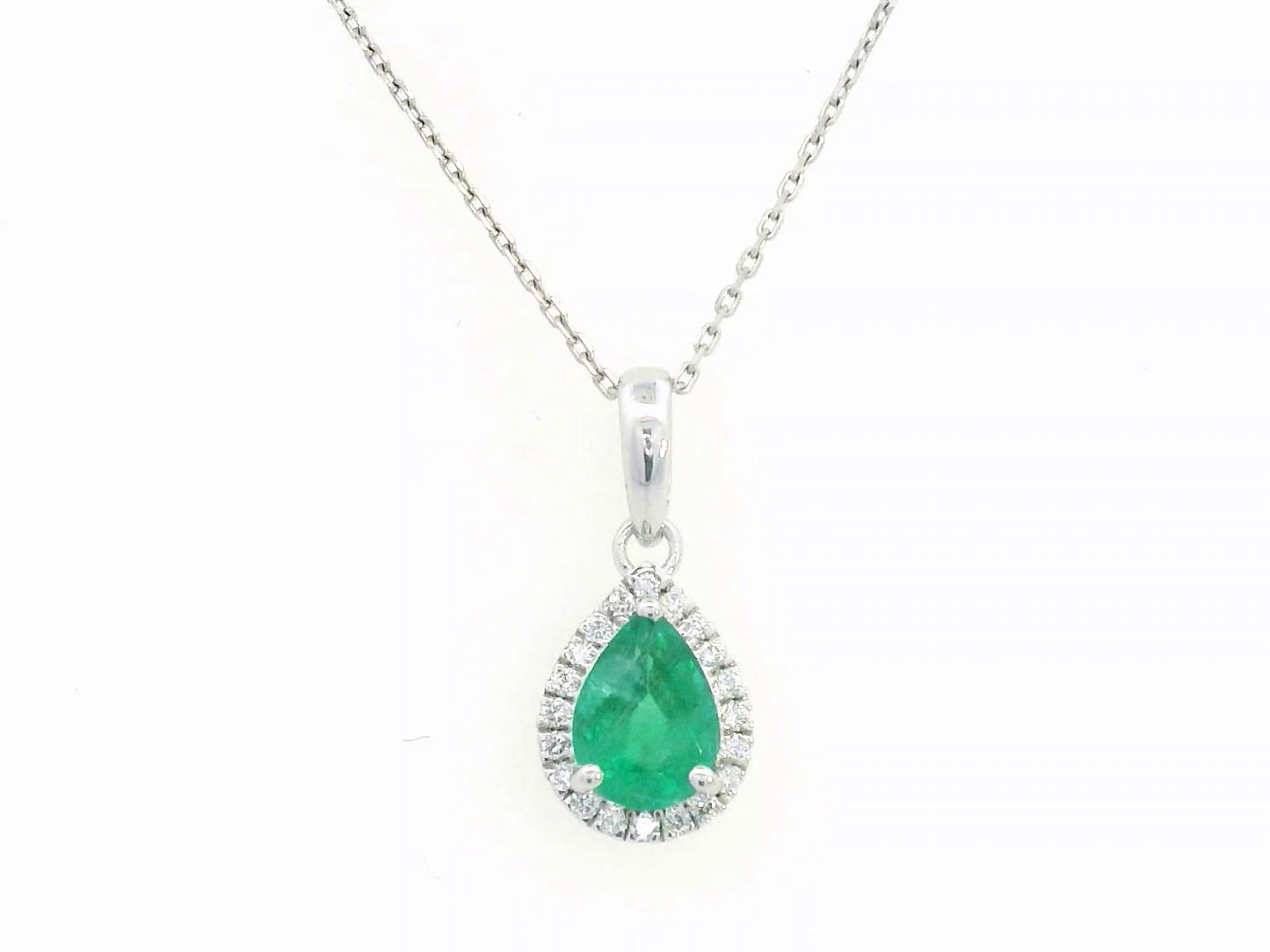 18K White Gold Pendant with 0.76 Carat Pear-Shaped Emerald and Diamond Halo