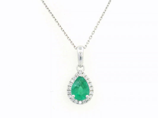 18K White Gold Pendant with 0.76 Carat Pear-Shaped Emerald and Diamond Halo