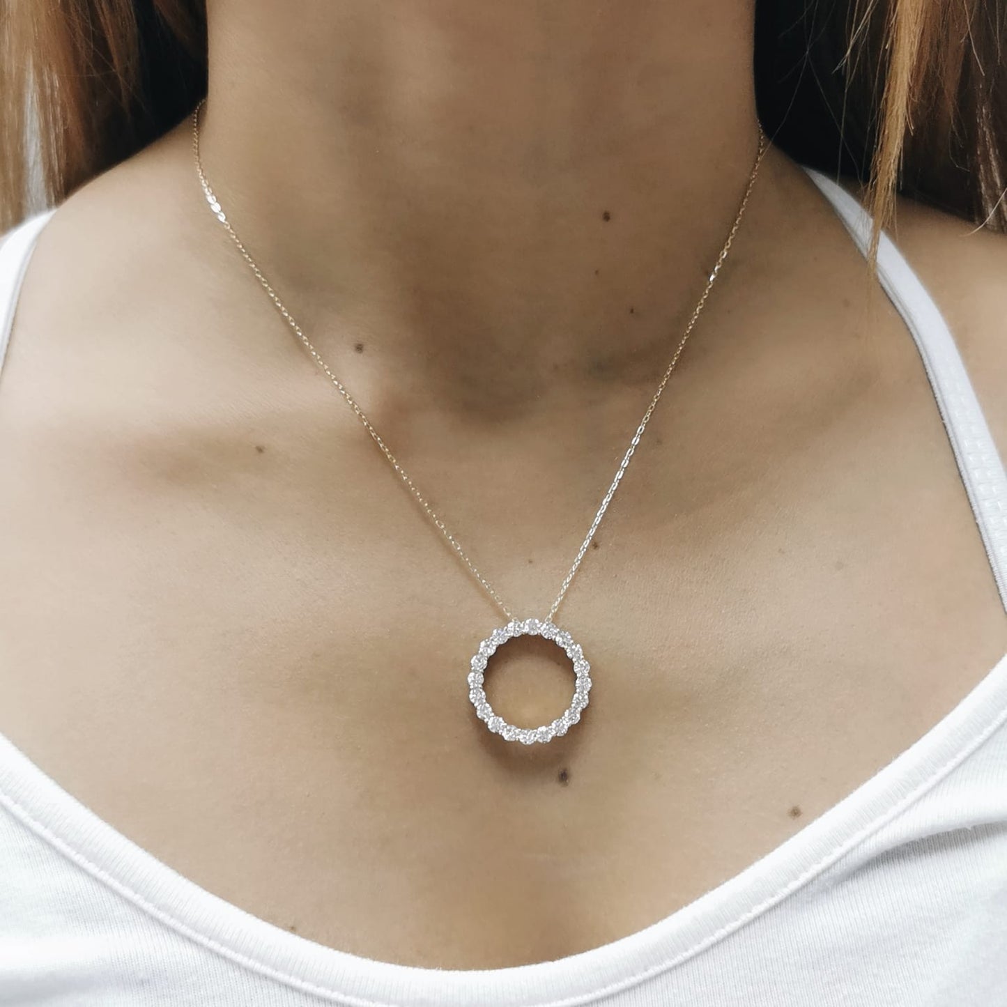 18K yellow gold open circle diamond pendant necklace with 1.74 carats of round diamonds and gold chain