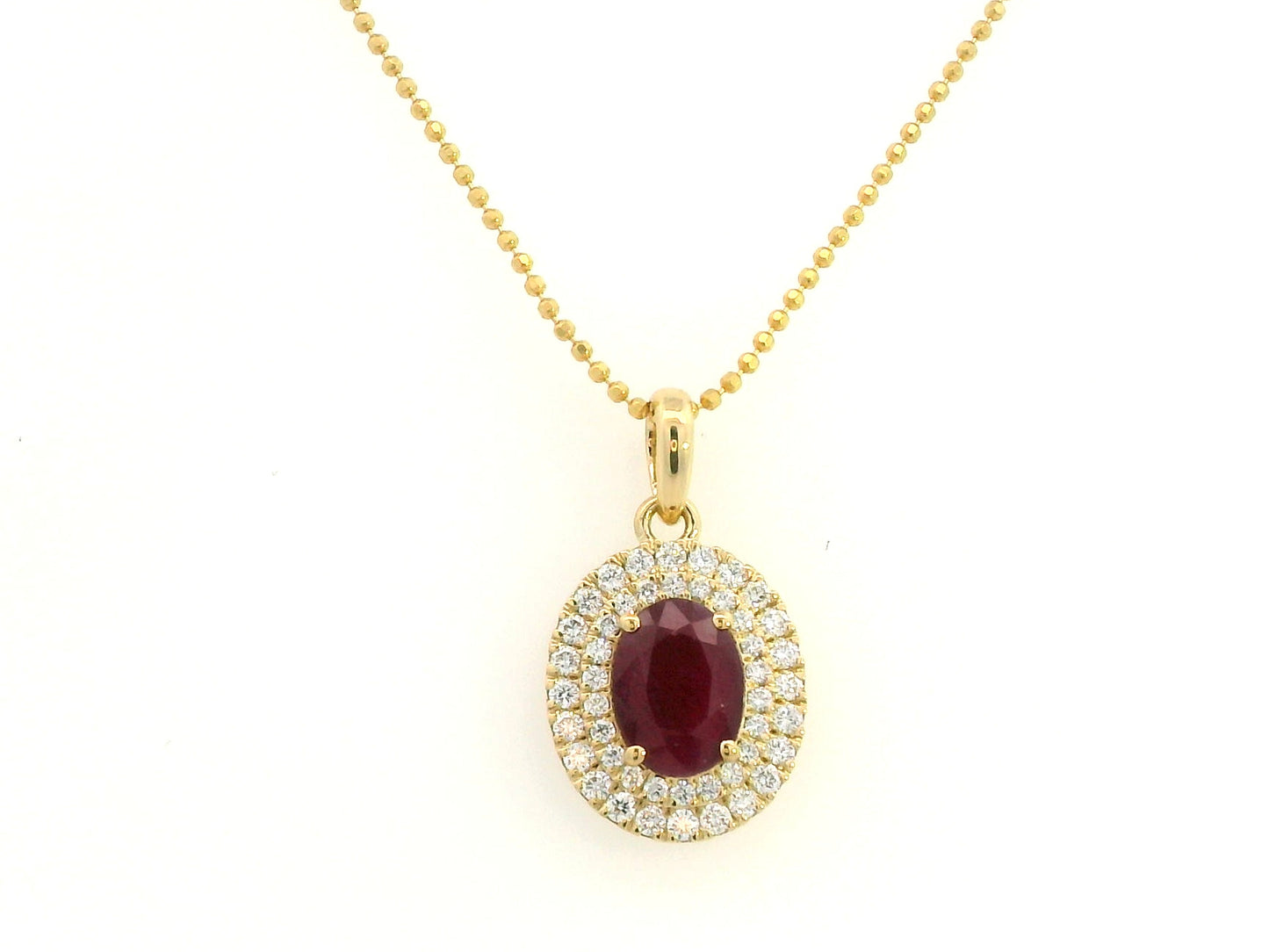 18K Gold Pendant with 1.31 Carat Oval Ruby and Double Diamond Halo