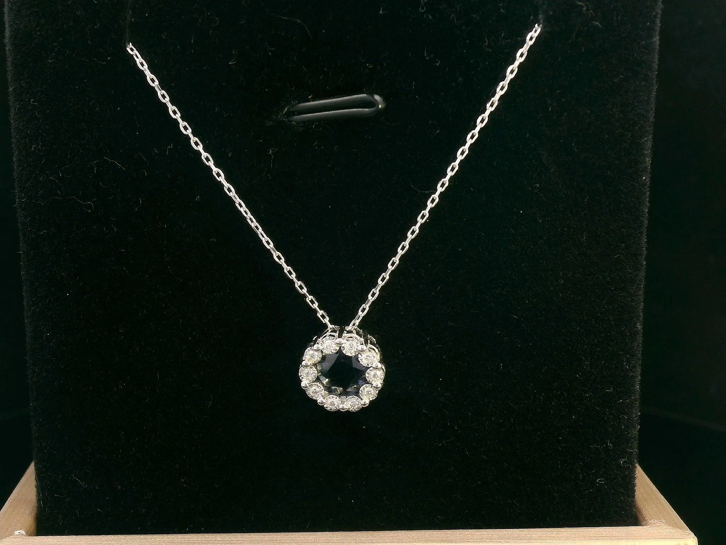 18K White Gold Sapphire and Diamond Halo Pendant Necklace with 0.96 CT Sapphire and 0.05 CTW Diamonds