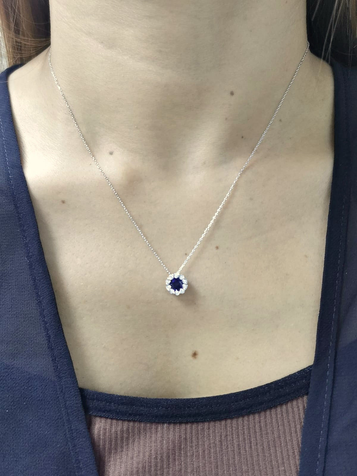 18K White Gold Sapphire and Diamond Halo Pendant Necklace with 0.96 CT Sapphire and 0.05 CTW Diamonds