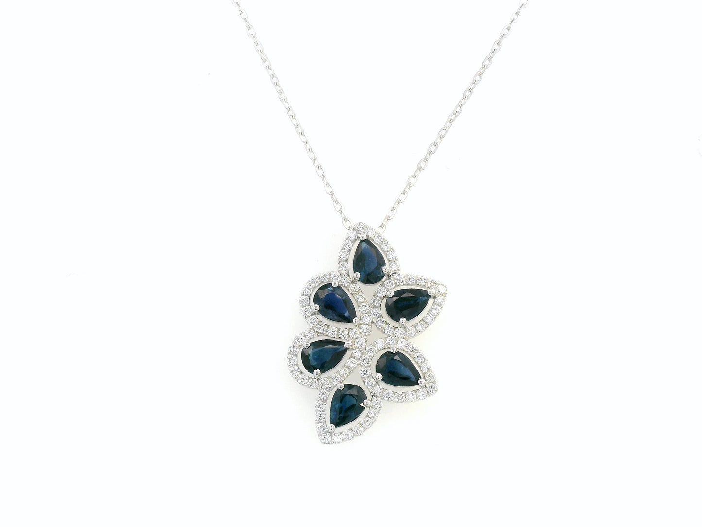 18K White Gold Blue Sapphire & Diamond Flower Pendant.