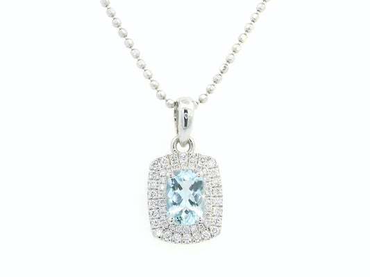 18K white gold aquamarine pendant with double diamond halo, 0.62ct cushion-cut center, and 0.24ct total diamonds (chain not included)