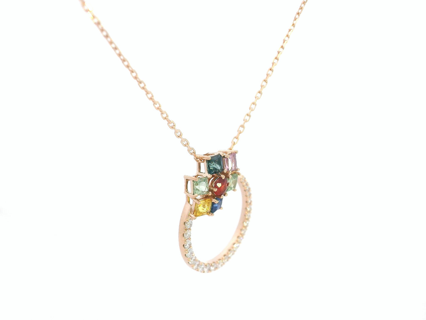 Rainbow sapphire cluster necklace in rose gold with diamond accent