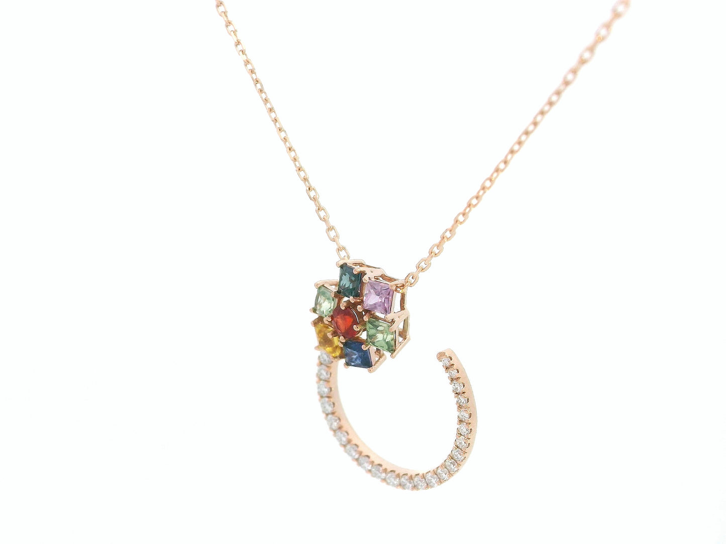 18K rose gold necklace with multicolor princess-cut sapphires and diamonds