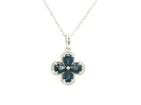 Floral sapphire pendant in 18K white gold with diamond accents