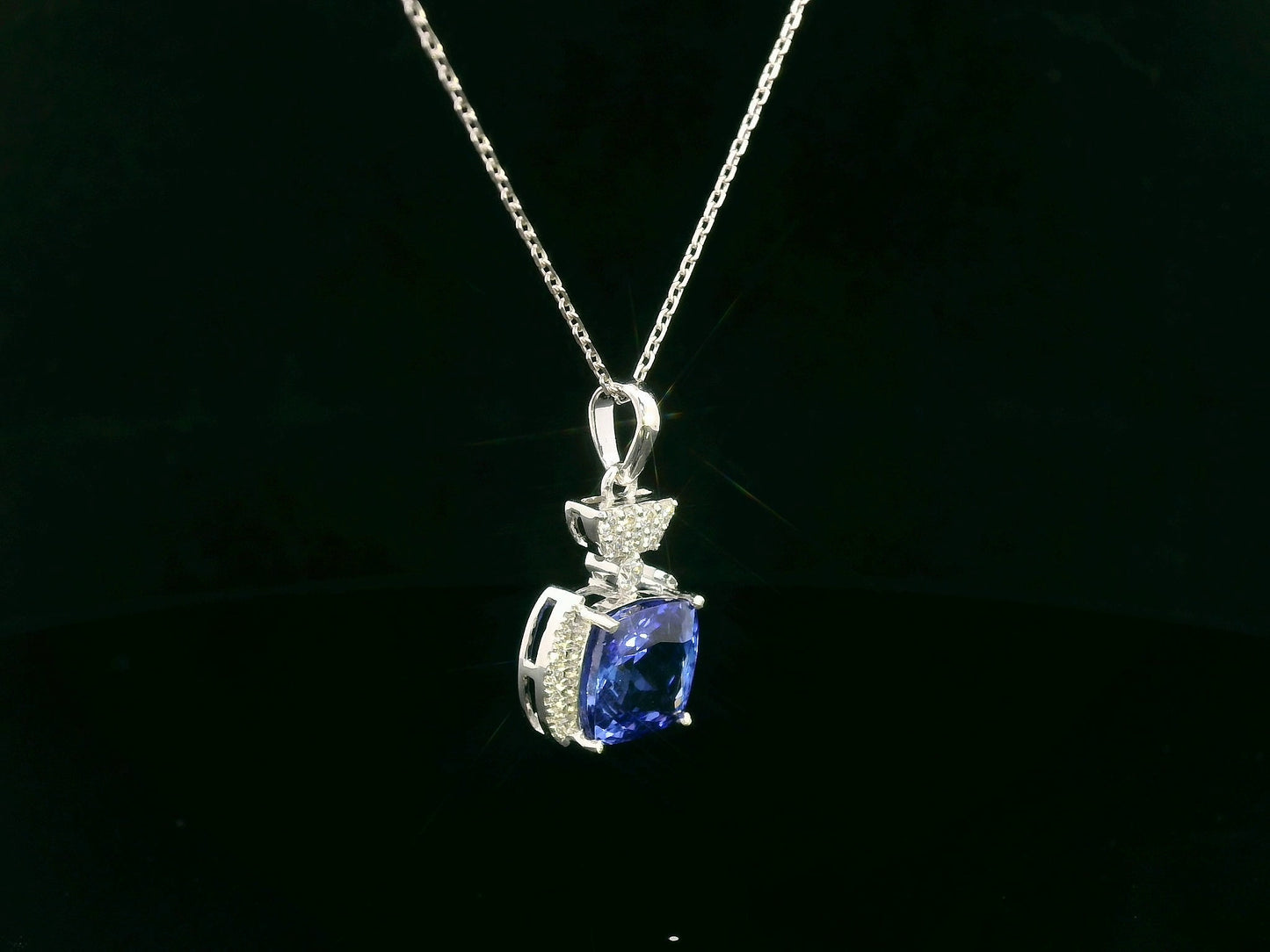 18k White Gold Cushion-Cut Tanzanite & Diamond Halo Pendant