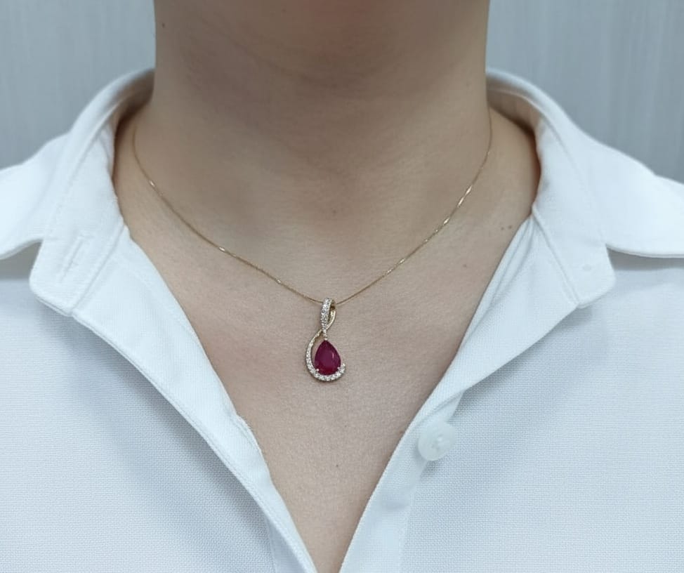 18k Yellow Gold Ruby Pendant Necklace with 2.25ct Pear-Shaped Ruby and 0.21ct Diamond Accents, Elegant Fine Jewelry