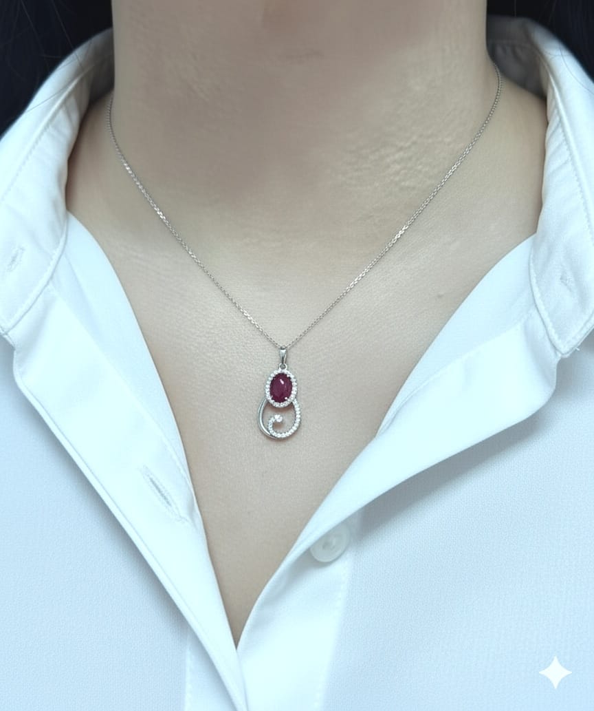 18k white gold swirl pendant with 1.99ct cabochon ruby & 0.21ct diamonds – certificate included