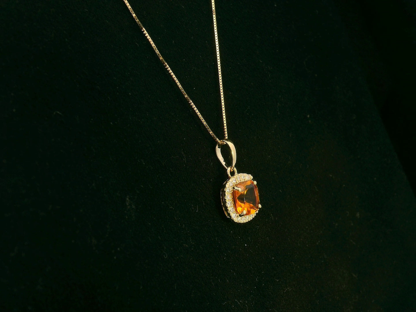 Citrine and Diamond Halo Pendant Necklace in 18K Yellow Gold, 0.90 Carat Cushion-Cut Citrine with 0.11 Carat Diamond Halo
