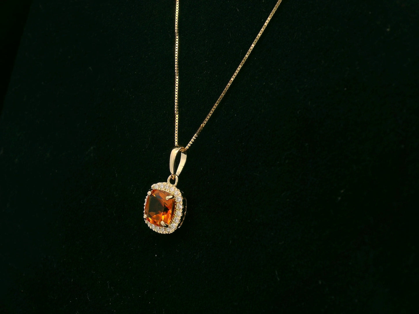 Citrine and Diamond Halo Pendant Necklace in 18K Yellow Gold, 0.90 Carat Cushion-Cut Citrine with 0.11 Carat Diamond Halo