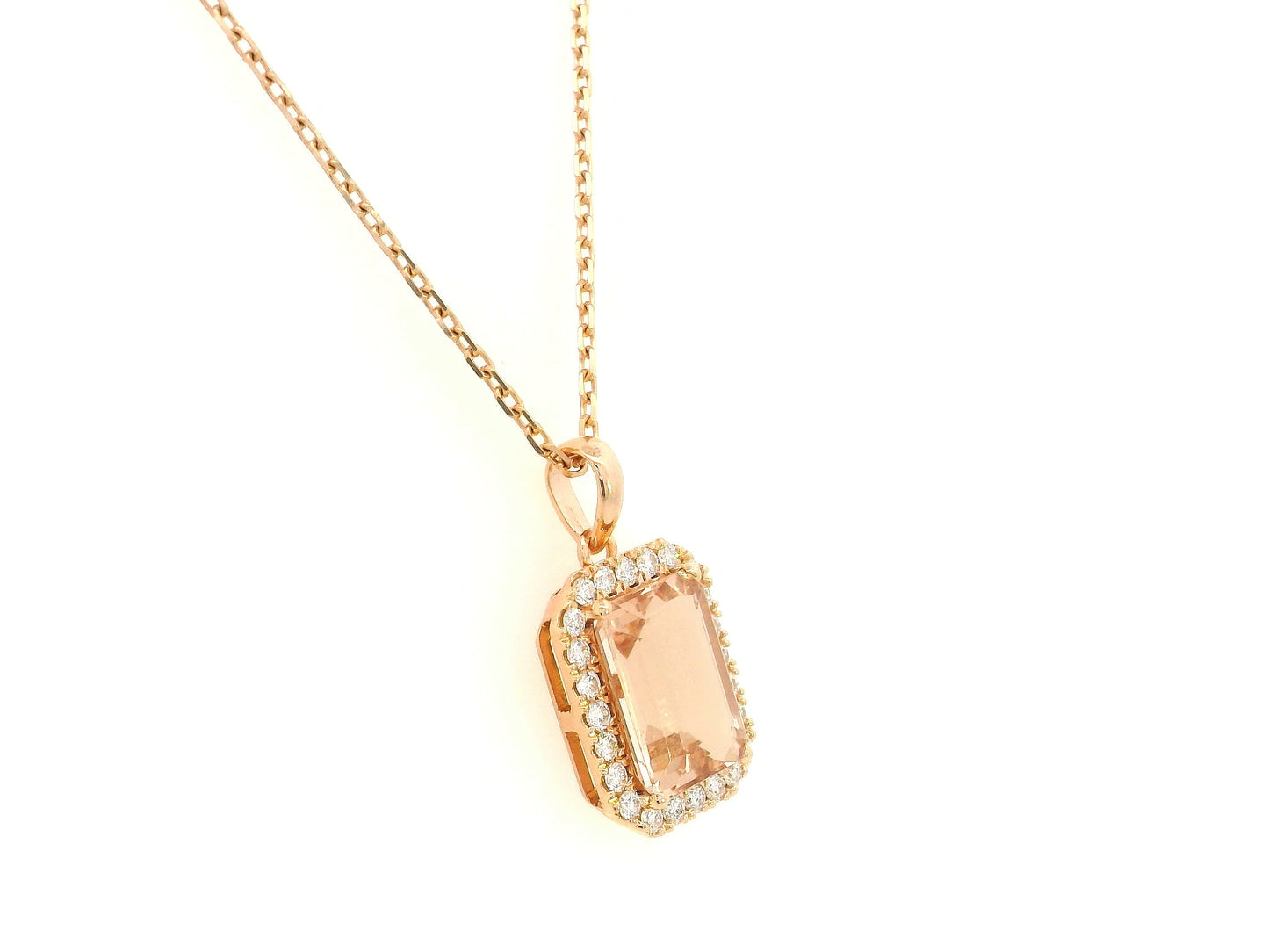 18K rose gold emerald-cut morganite and diamond halo pendant necklace – Emirates Diamonds