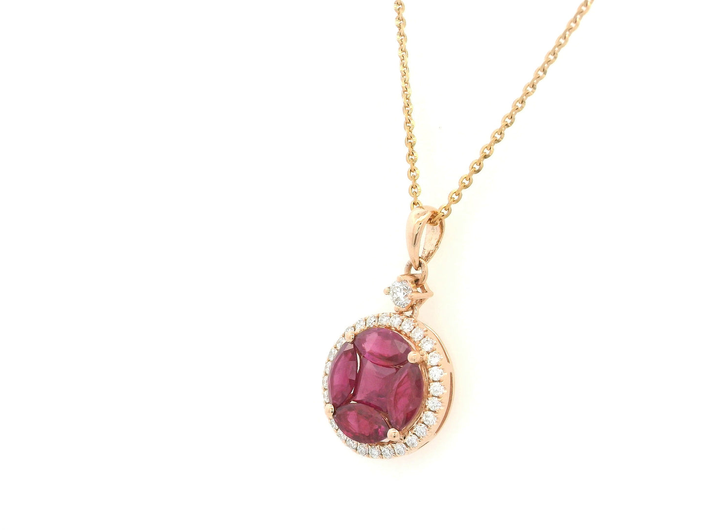 18K yellow gold ruby and diamond halo pendant with clustered rubies, Emirates Diamonds