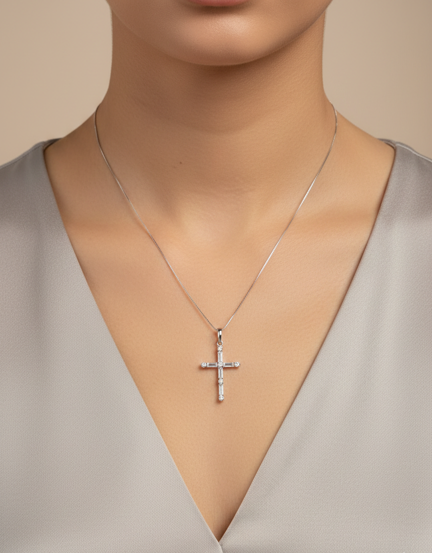 18K white gold diamond cross pendant with round and baguette diamonds by Emirates Diamonds