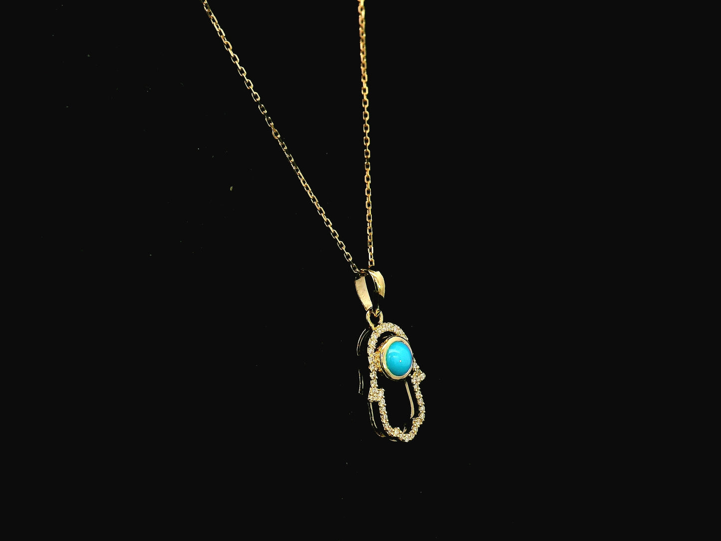 18K yellow gold turquoise hamsa pendant with diamond detail 0.34 carat