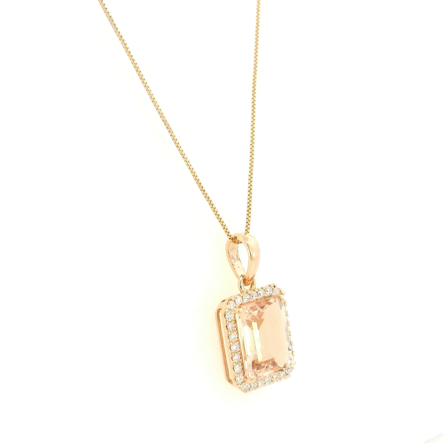 18K rose gold emerald cut Morganite halo pendant featuring a 3.58 carat natural Morganite surrounded by natural diamonds.