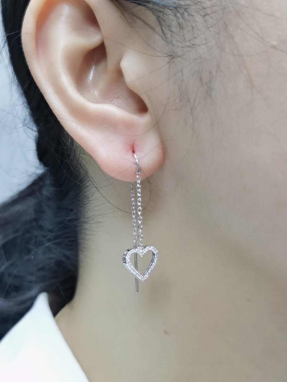 Needle And Thread Earrings with Diamond Heart Charm In 18k White Gold.