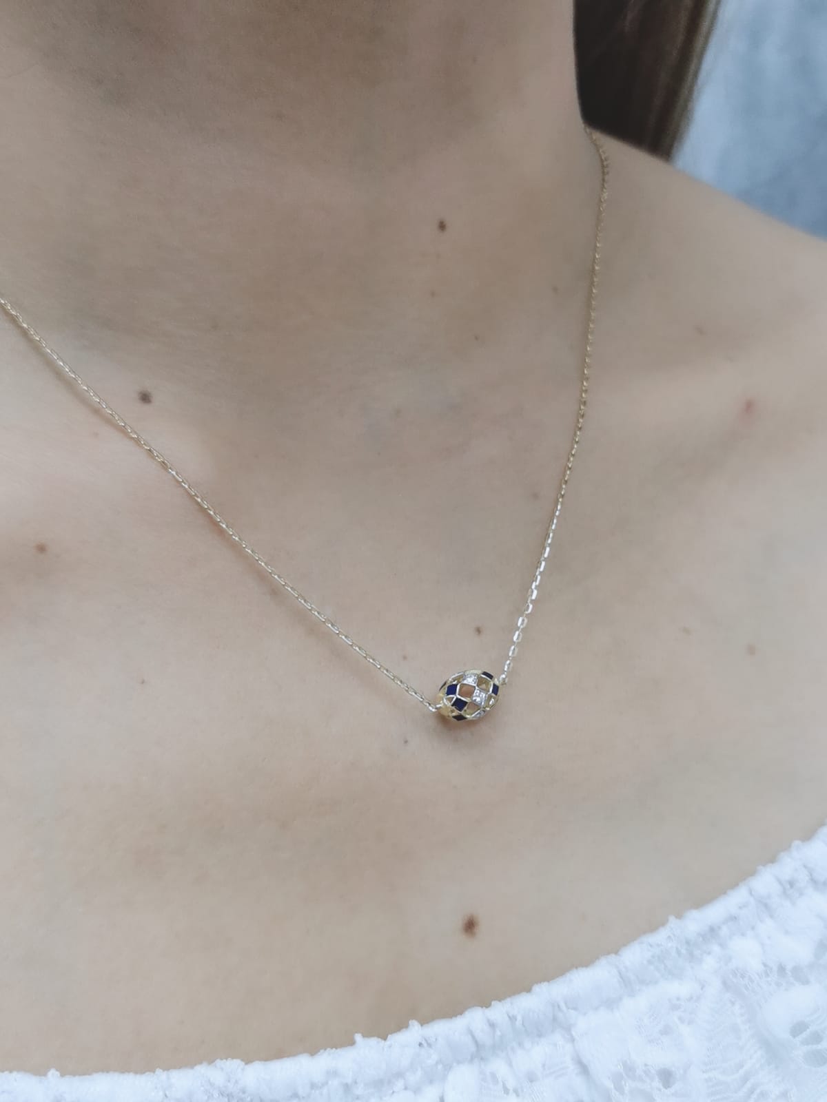 Enameled Ball Necklace With Diamond In 18k Yellow Gold.