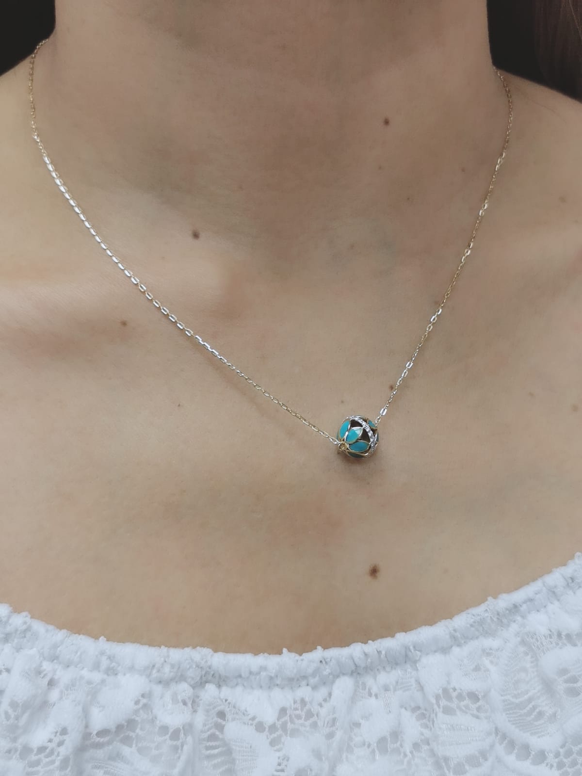 Enameled Ball Necklace With Diamond In 18k Yellow Gold.