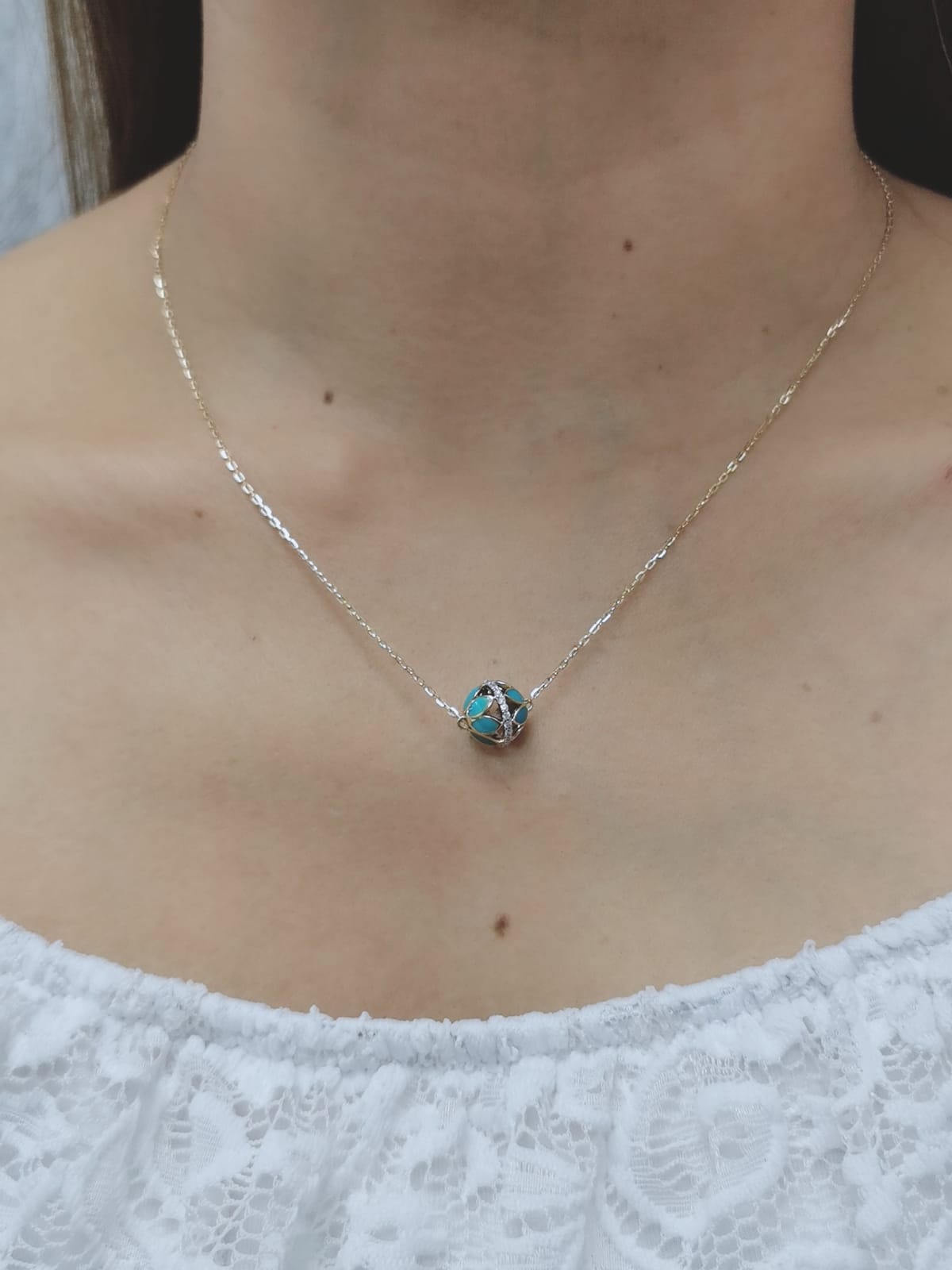 Enameled Ball Necklace With Diamond In 18k Yellow Gold.