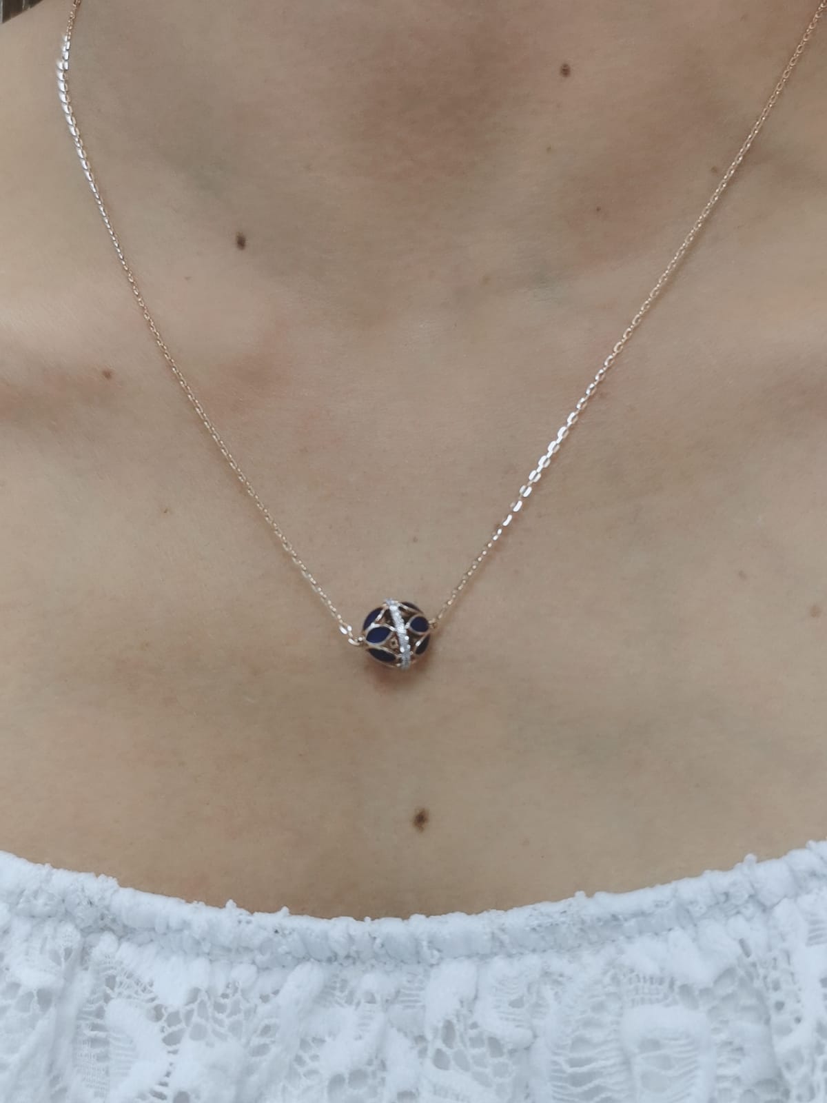 Enameled Ball Necklace With Diamond In 18k Rose Gold.
