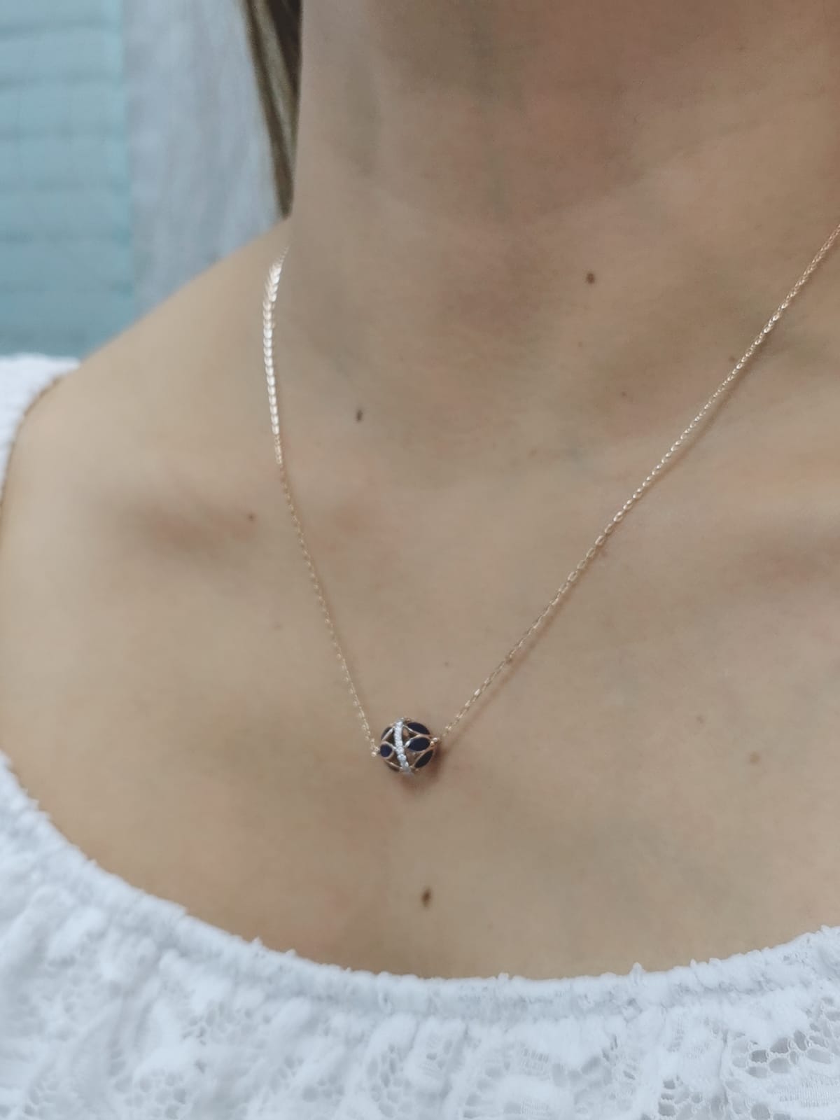 Enameled Ball Necklace With Diamond In 18k Rose Gold.