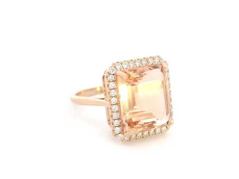 Emerald-cut morganite halo ring in 18K rose gold with 0.35ct diamonds