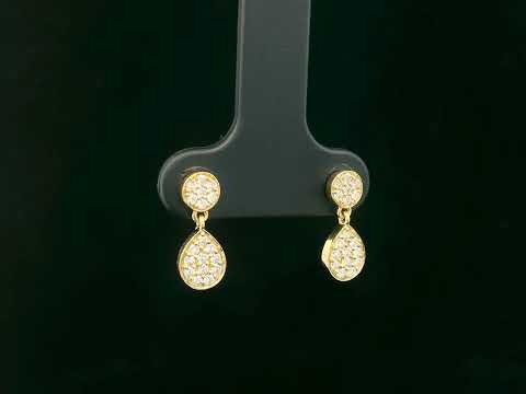 18K yellow gold diamond pavé double drop earrings with round and teardrop design, total 0.25ct