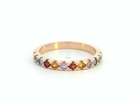 18K rose gold ring set with 0.93 carats of multicolored round sapphires in a half band design
