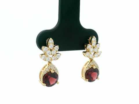18K yellow gold leaf earrings with a toatl of 1.93ct round cut  garnets and 0.41ct pavé diamonds