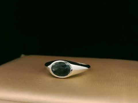 Unisex 18K gold London Blue Topaz bezel ring with minimalist tapered band