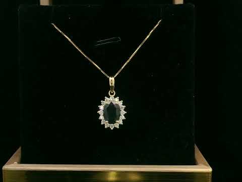 Oval Blue Sapphire & Diamond Halo Pendant in 18K Gold – 1.72 CT Sapphire with 0.20 CT Diamonds