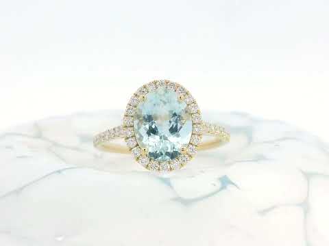 18K Yellow Gold Oval Aquamarine Halo Ring with 2.49ct Aquamarine and 0.44ct Diamond accents