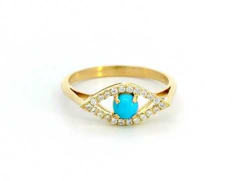 18K gold Evil Eye ring featuring a 0.32-carat turquoise center stone with a 0.15-carat diamond halo. Symbolic and stylish, perfect for stacking.
