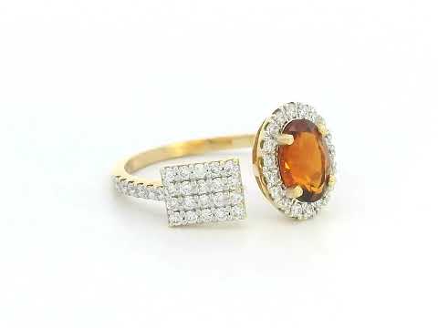 18K gold asymmetrical cocktail ring with oval citrine and diamond pavé detailing