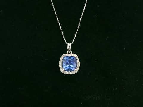18K white gold Tanzanite and diamond halo pendant with cushion-cut 2.02 carat center stone