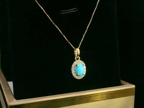18K Yellow Gold Turquoise & Diamond Pendant – 0.82 CT Oval-Cut Turquoise, 0.25 CT Diamond Halo, Elegant Birthstone Jewelry.