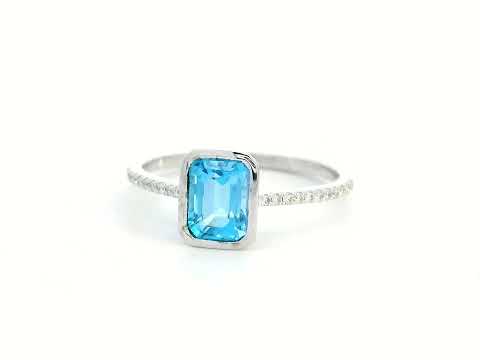 Elegant 18K Gold Blue Topaz and Diamond Ring – 1.34ct Emerald-Cut Gemstone, 0.11ct Diamonds – Bezel Set, Luxury Fine Jewelry for Women