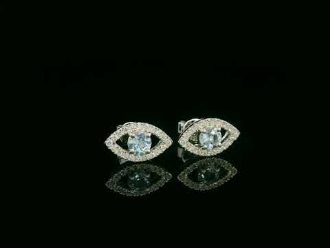 18K white gold evil-eye stud earrings with 0.40ct aquamarine center and 0.23ct pavé diamond halo