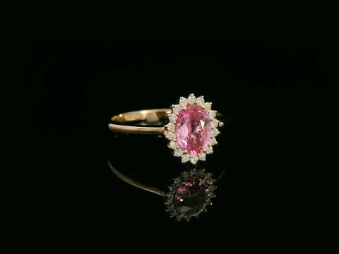 18K rose gold oval pink sapphire and diamond halo ring – fine jewelry by Emirates Diamonds.